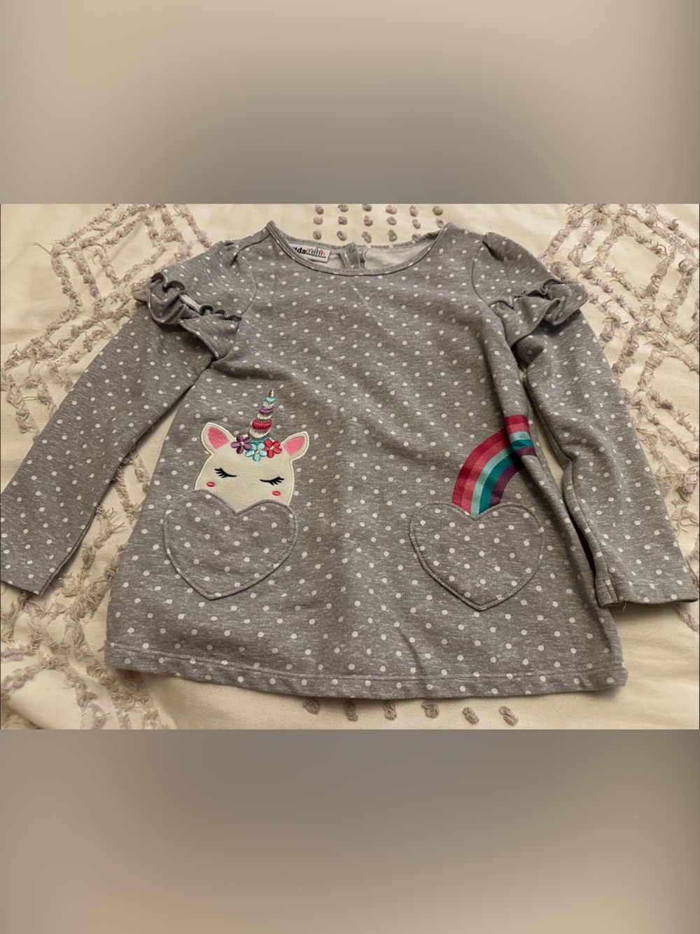 Kids Headquarters Gray Polka Dot Unicorn & Rainbow Long Sleeve Top